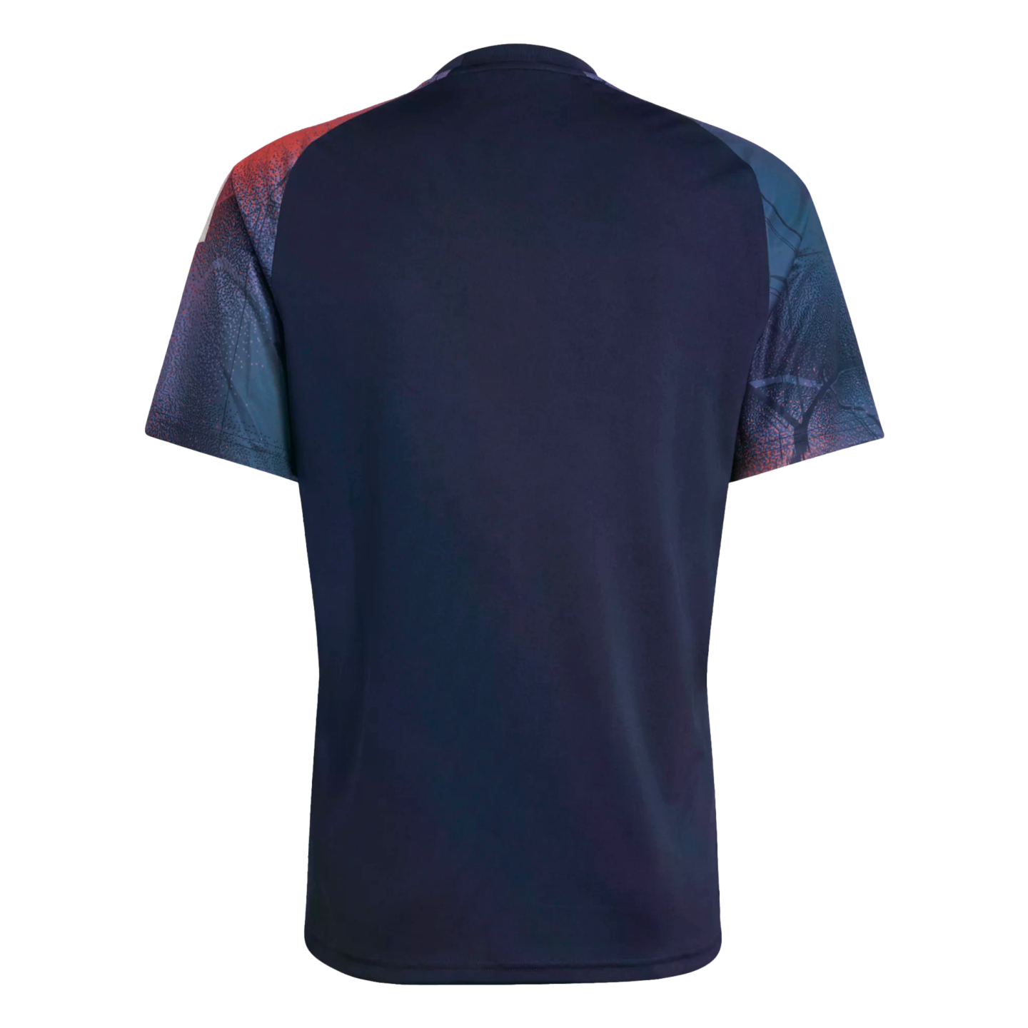 Back view of a navy blue short-sleeved jersey with red and blue abstract patterned raglan sleeves against a black background.