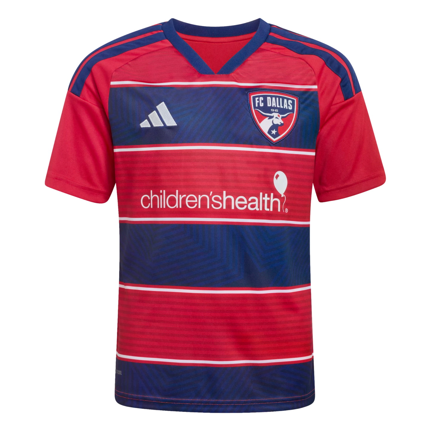 Red and navy blue striped FC Dallas soccer jersey with Adidas logo and Children's Health sponsor logo.