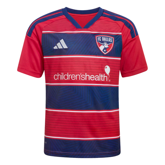 Red and navy blue striped FC Dallas soccer jersey with Adidas logo and Children's Health sponsor logo.