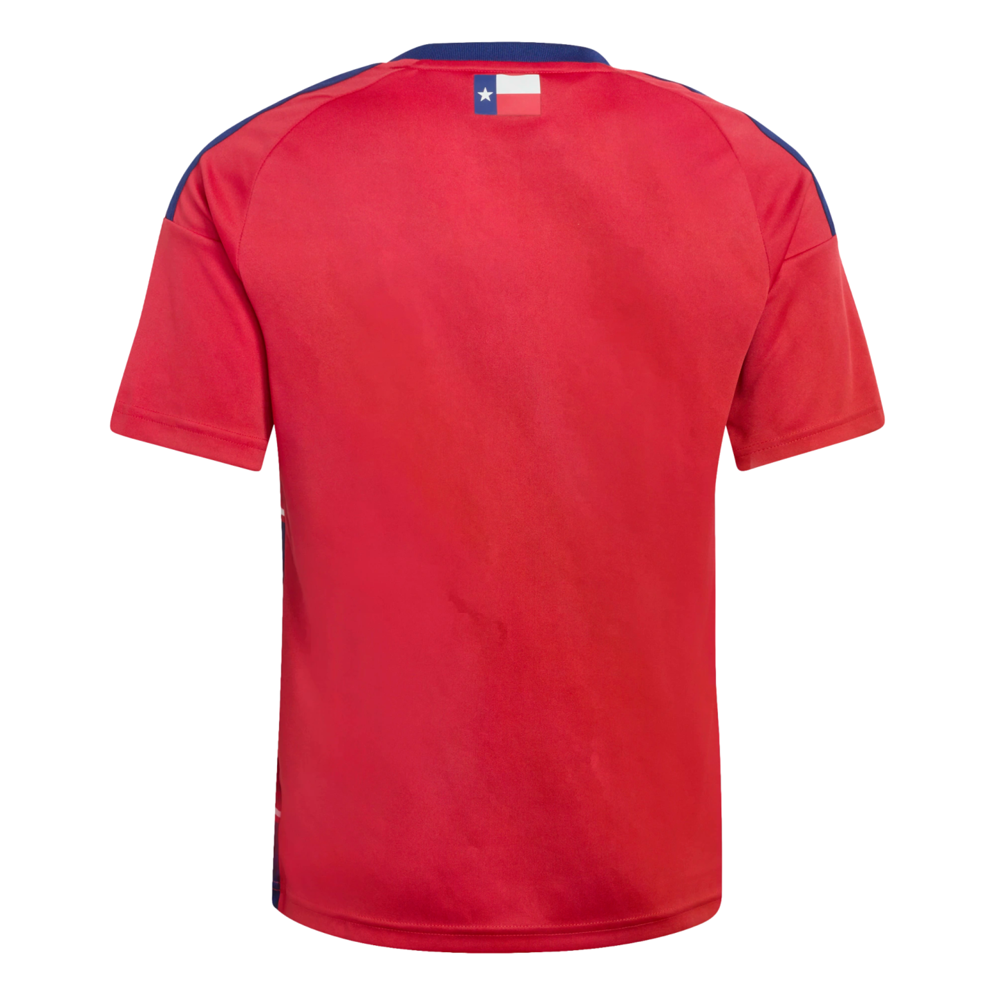 Back view of a red short-sleeved sports jersey with blue shoulder accents and a small Texas flag on the upper back.