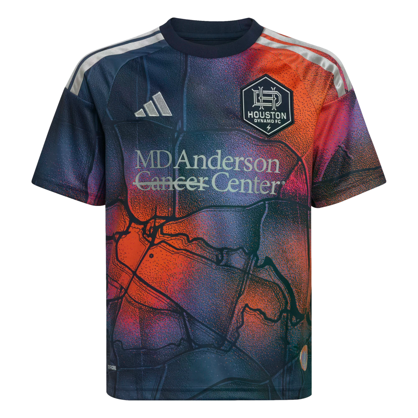 Houston Dynamo FC soccer jersey with a colorful map graphic, featuring the team crest, Adidas logo, and MD Anderson Cancer Center sponsor.