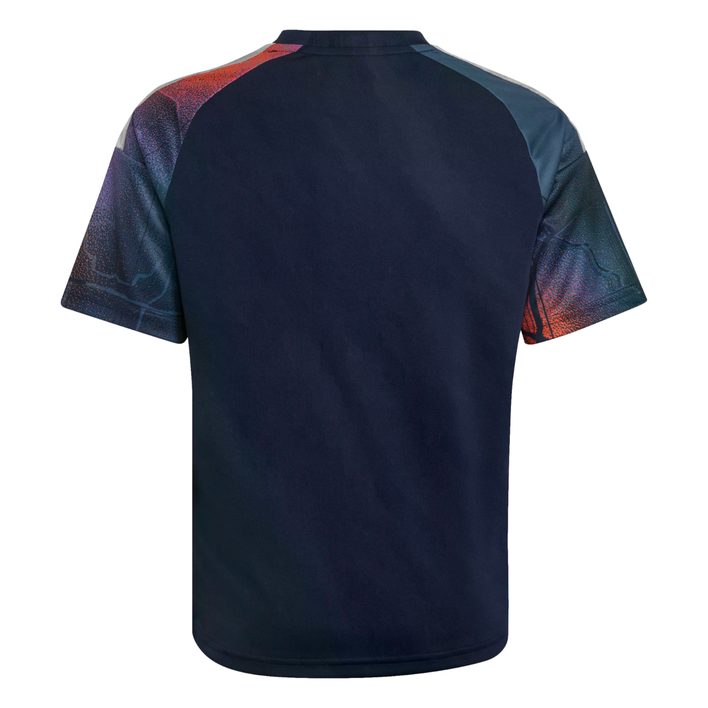 Back view of a navy blue t-shirt with graphic-patterned raglan sleeves in red, orange, and blue against a black background.