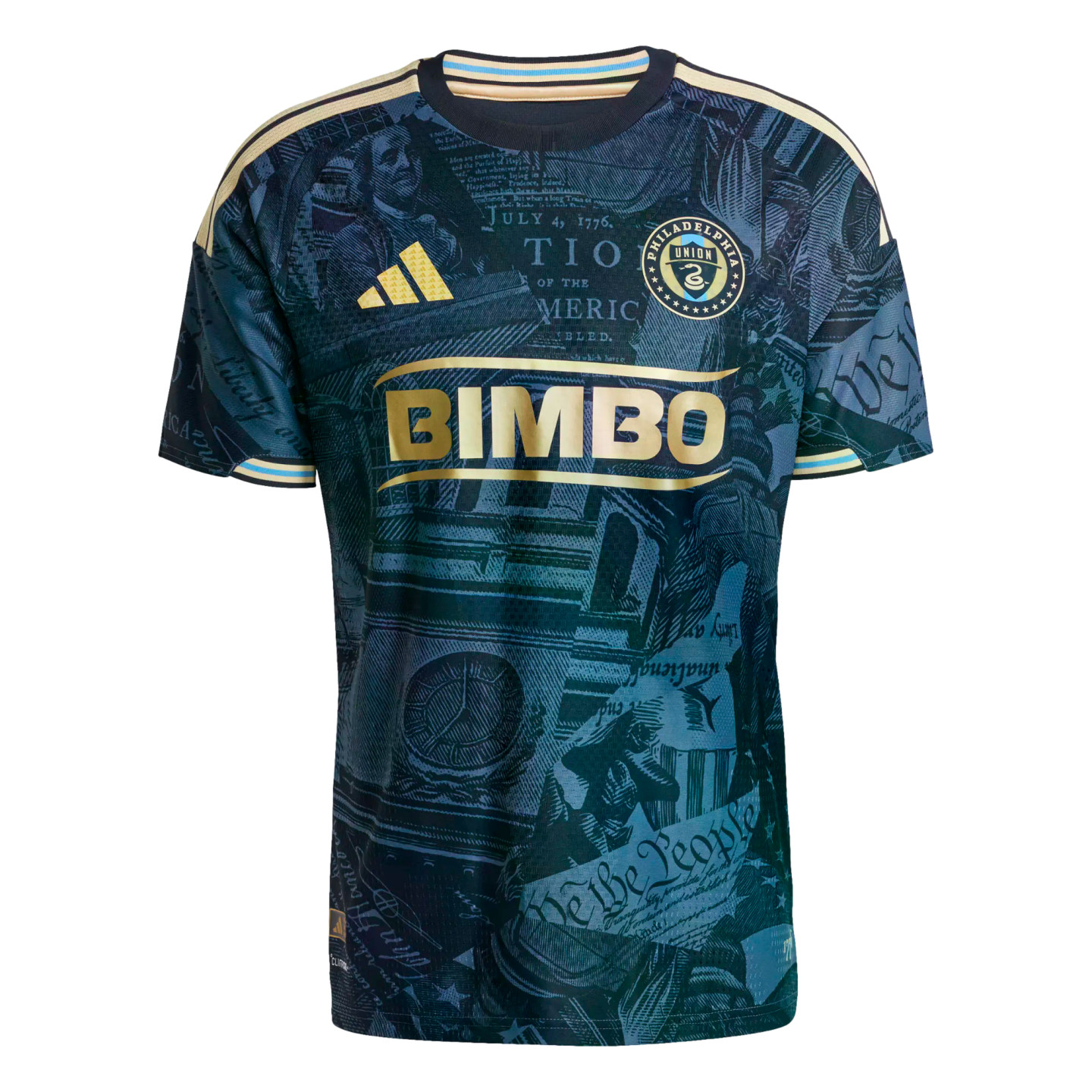 A navy blue Philadelphia Union soccer jersey with gold accents and a graphic print featuring historical themes like Benjamin Franklin and the US Constitution.