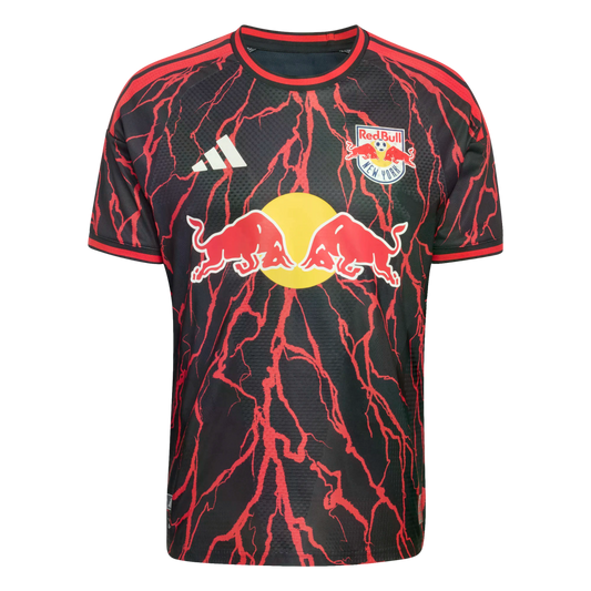 A New York Red Bulls soccer jersey by Adidas, featuring a black base with a red lightning bolt pattern, the team crest, and a central Red Bull logo.