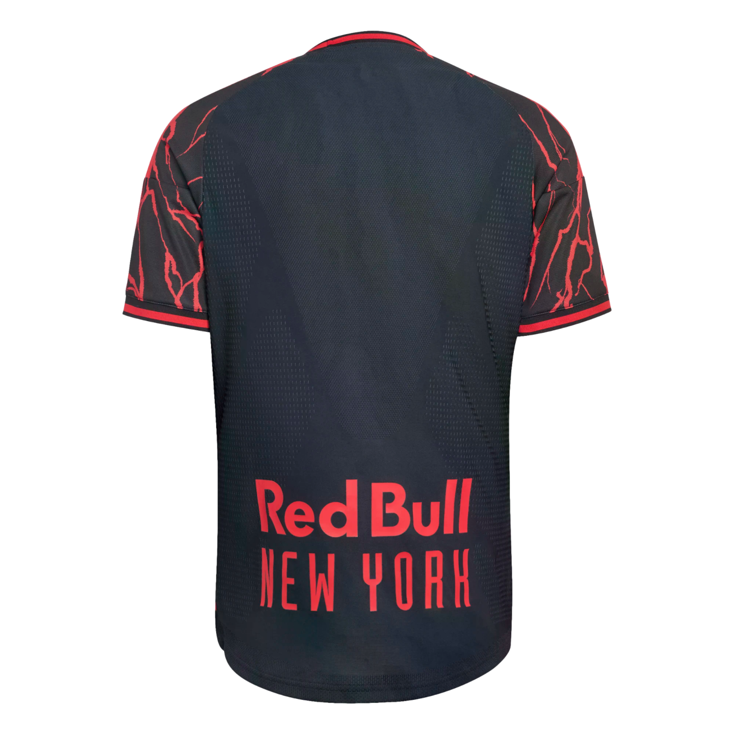 Rear view of a dark gray soccer jersey with red lightning-patterned sleeves and "Red Bull NEW YORK" printed in bold red text on the lower back.