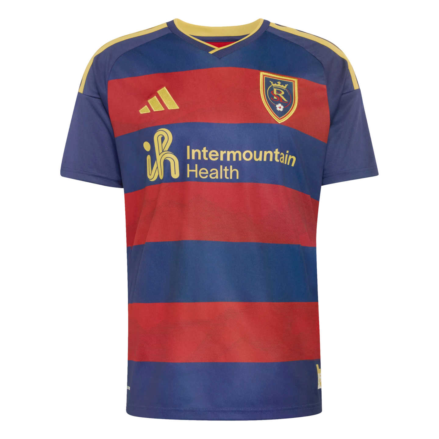 A Real Salt Lake soccer jersey with red and navy blue horizontal stripes, featuring a gold Adidas logo and gold Intermountain Health sponsor logo.