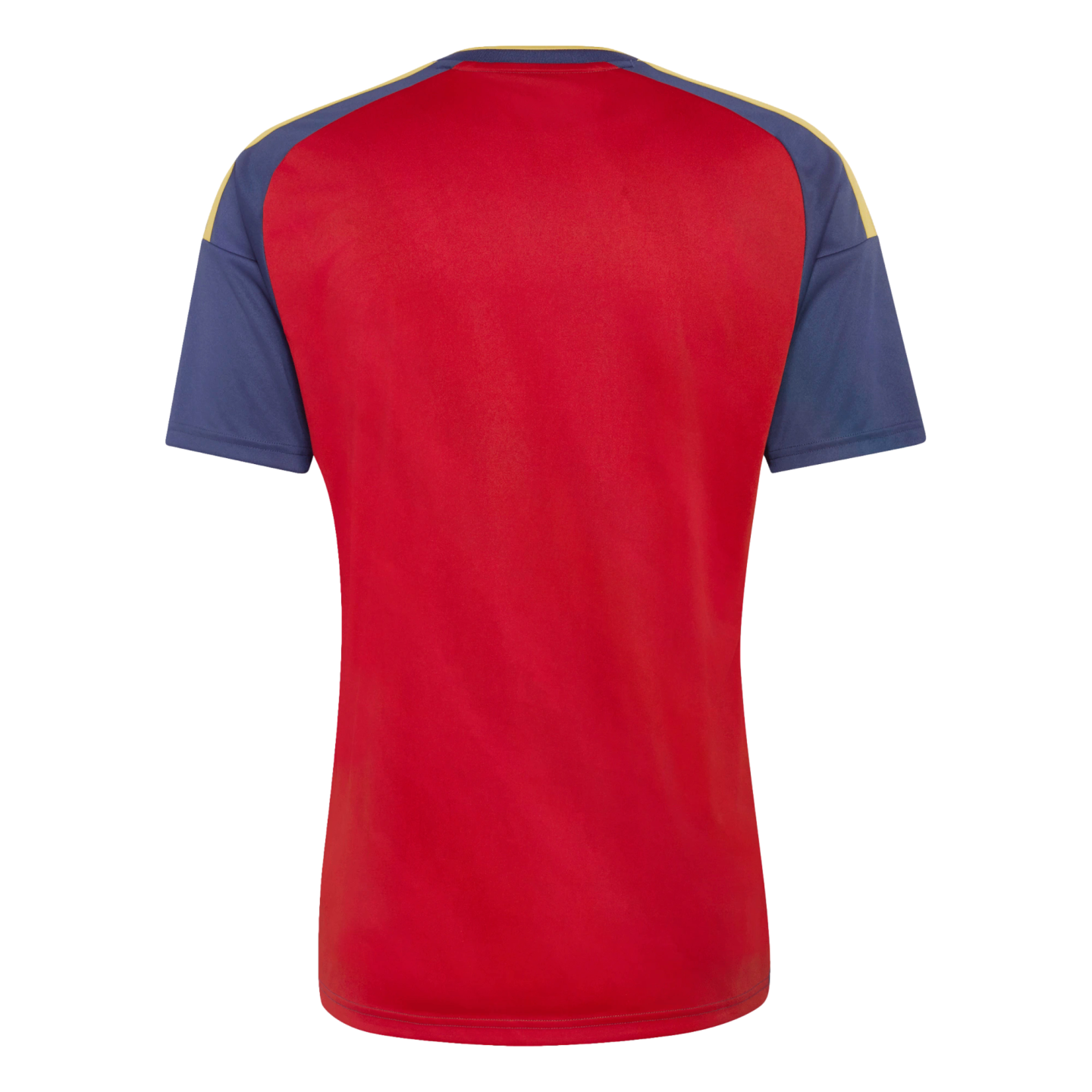 Back view of a red short-sleeved jersey with navy blue sleeves and yellow shoulder accents, against a black background.