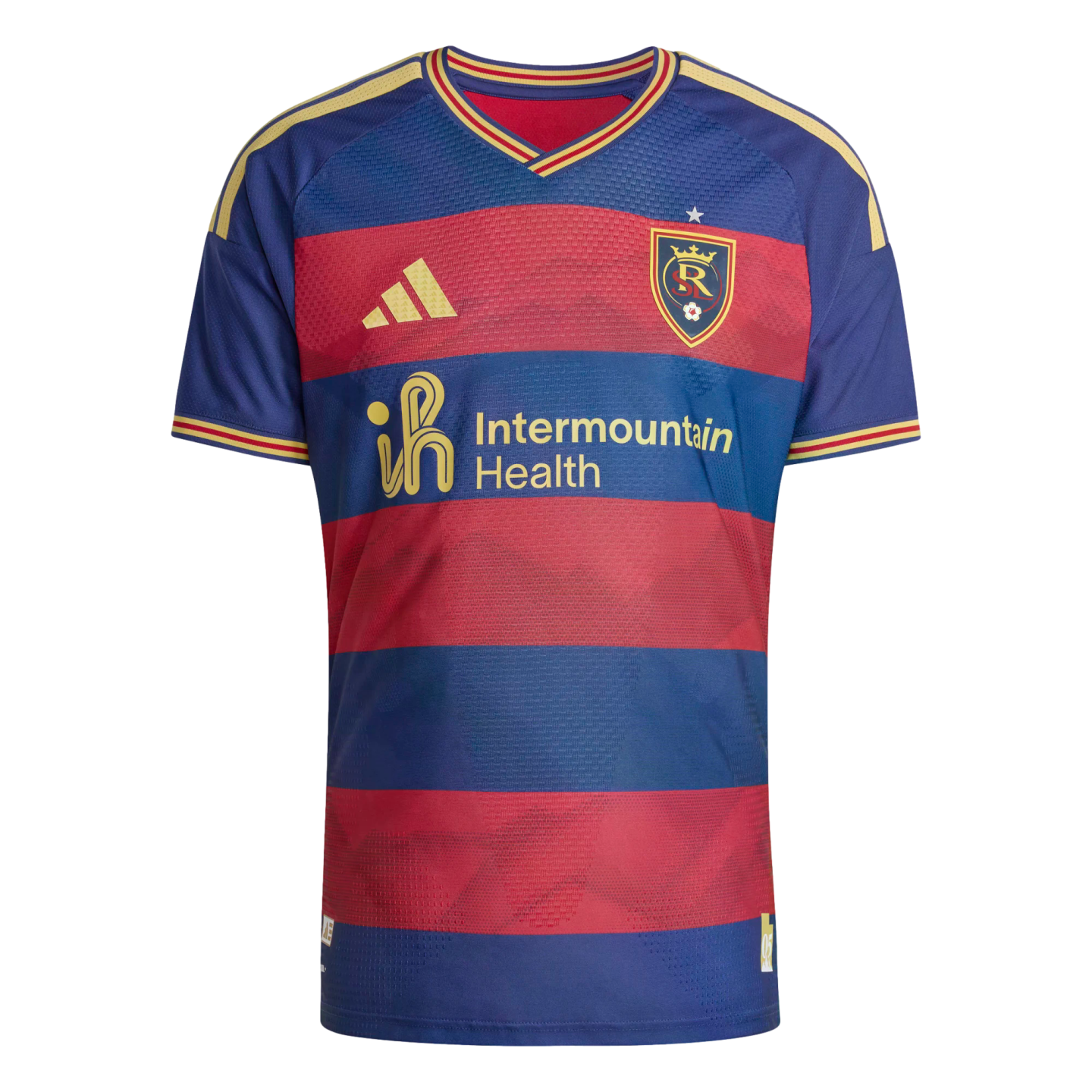 A Real Salt Lake soccer jersey with blue and red horizontal stripes, gold Adidas logo, team crest, and Intermountain Health sponsor logo.