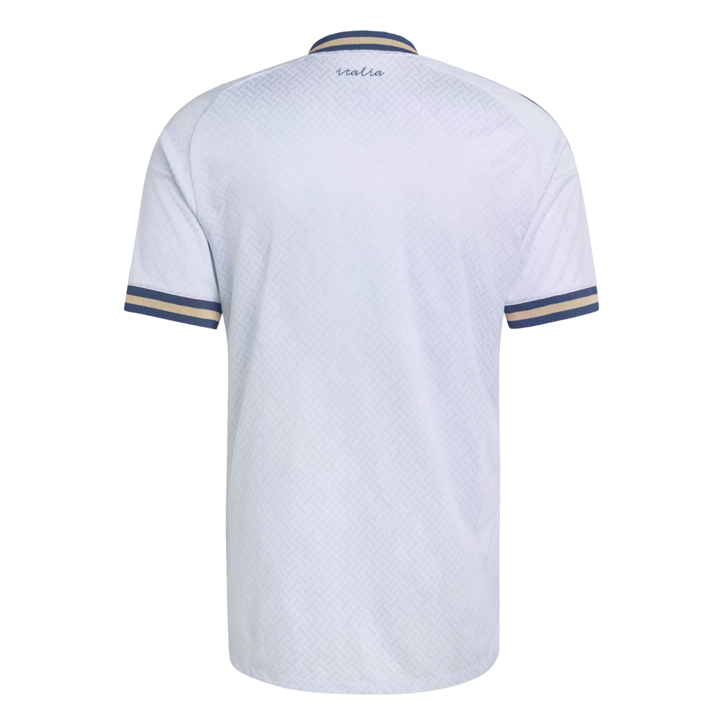 Back view of a white textured jersey with blue and gold striped trim on the collar and sleeve cuffs. Small cursive "italia" text is printed near the collar.