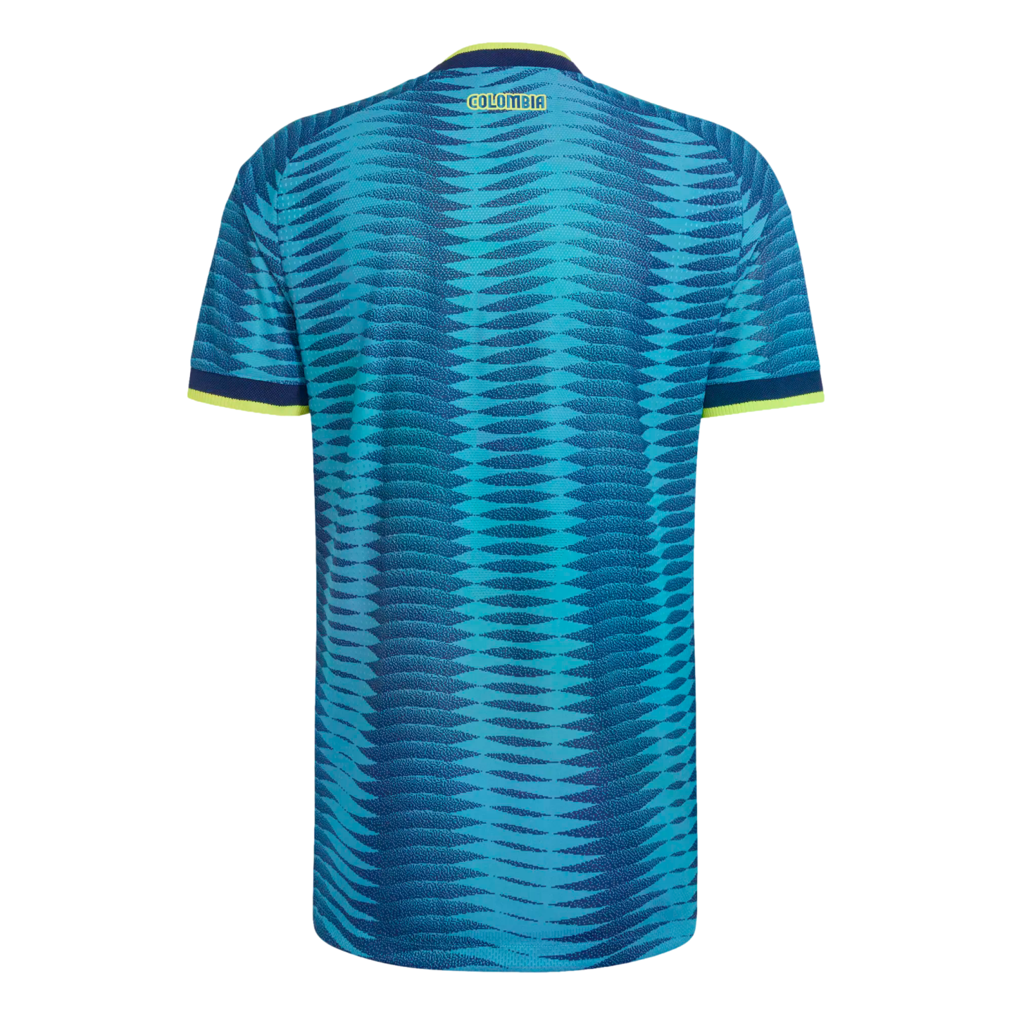 Back view of a blue Colombia soccer jersey featuring a wave pattern, yellow "COLOMBIA" text, and lime green trim on the collar and sleeves.