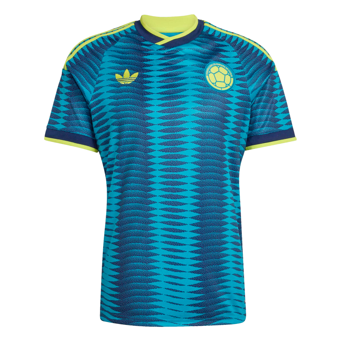 Teal and blue Colombia national soccer jersey with a repeating dark blue wave pattern, yellow trim, and the team's crest.