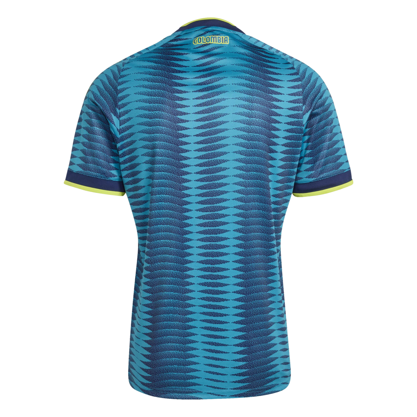 Back of a teal and blue Colombia soccer jersey with a wavy geometric pattern, neon yellow trim, and 'COLOMBIA' printed on the upper back.