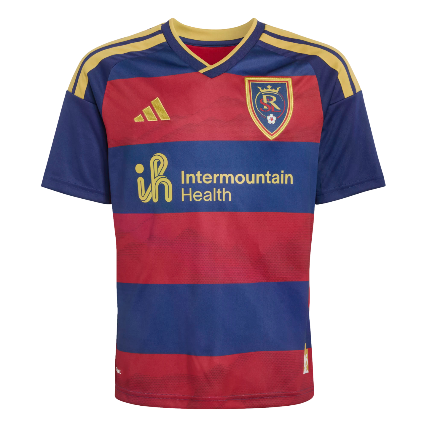 A red and navy blue striped Real Salt Lake soccer jersey featuring gold Adidas logos, shoulder stripes, and the Intermountain Health sponsor.