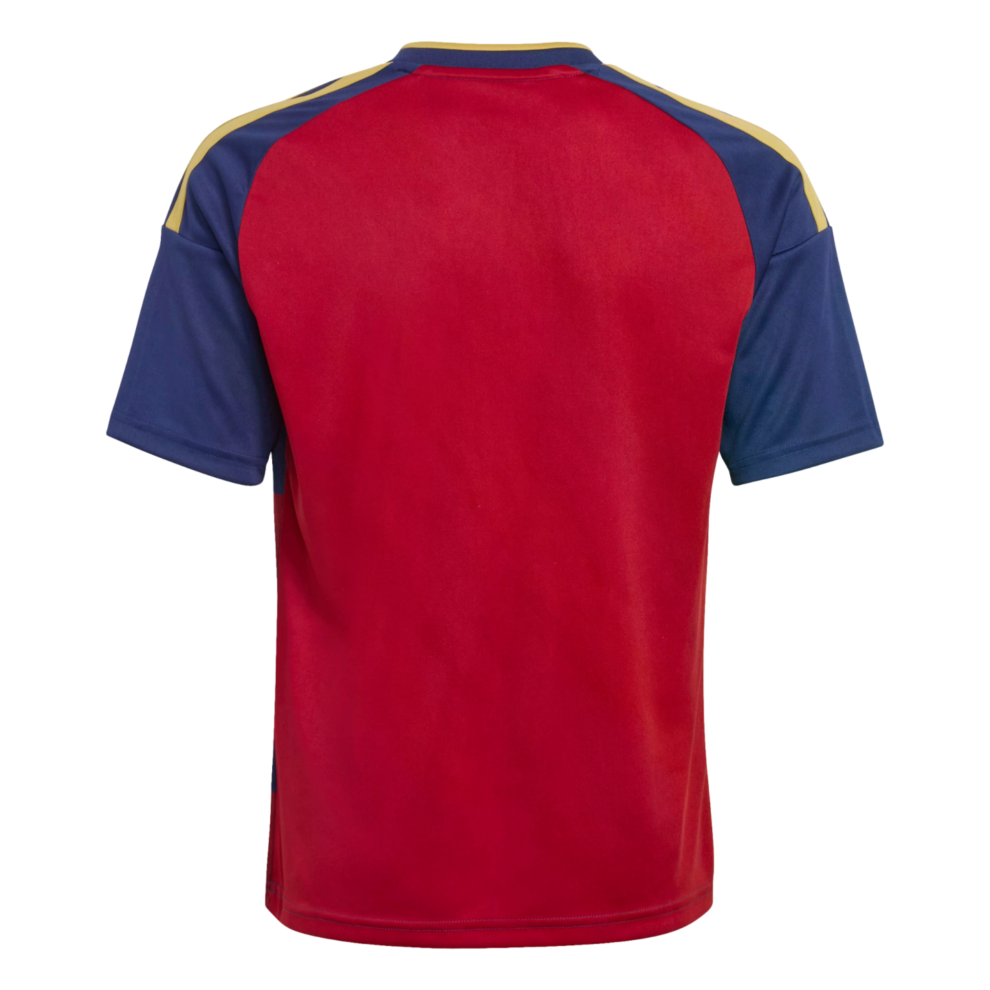 Back view of a red and blue sports jersey with yellow shoulder stripes against a black background.