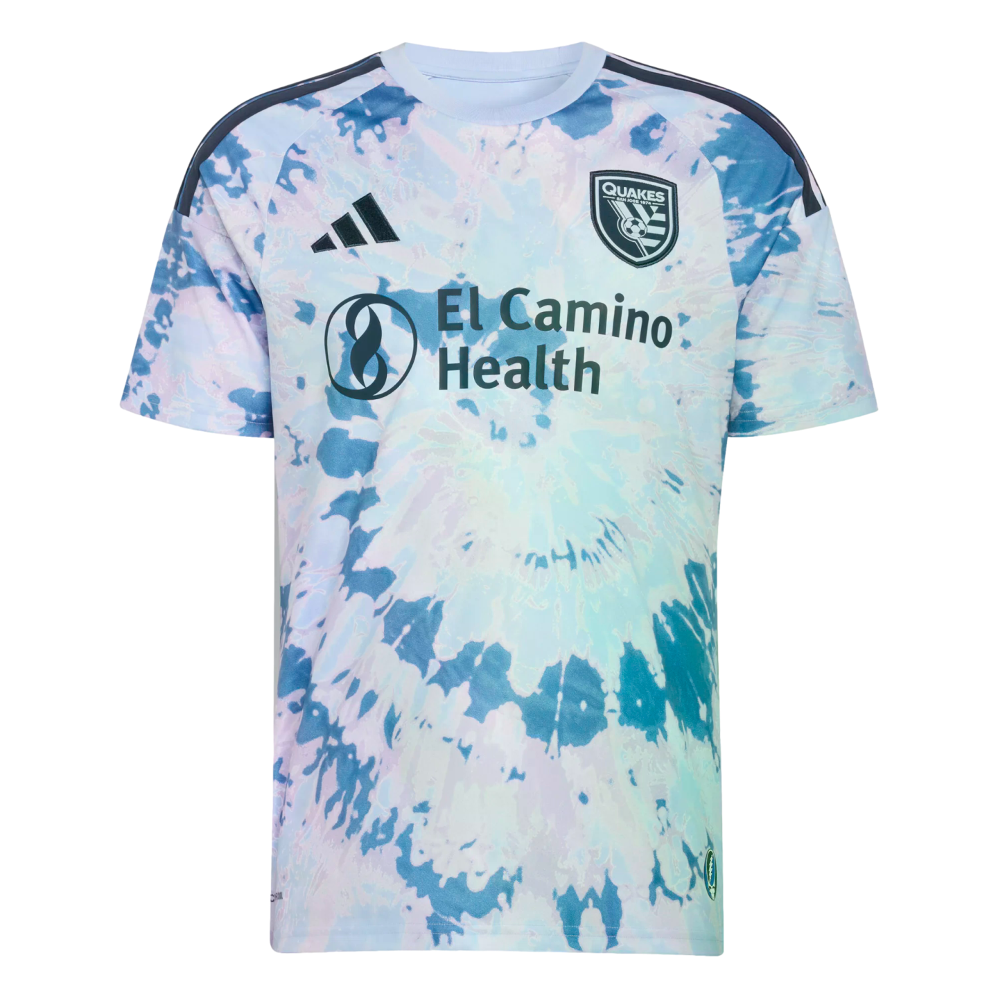 Adidas San Jose Earthquakes soccer jersey with a light blue and purple tie-dye pattern, featuring the team crest and El Camino Health sponsor logo.
