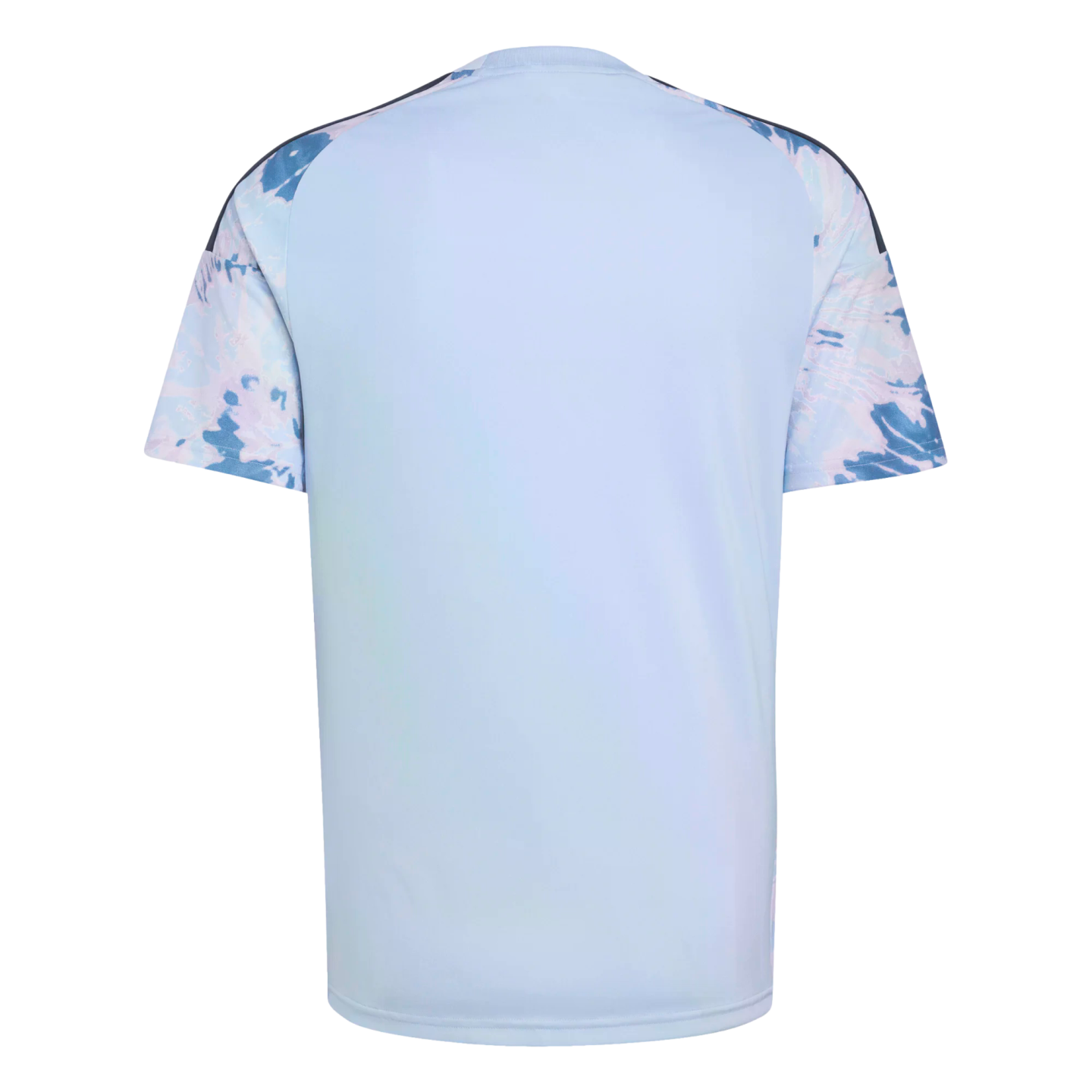 Back view of a light blue short-sleeved t-shirt with a blue and white tie-dye pattern on the sleeves.