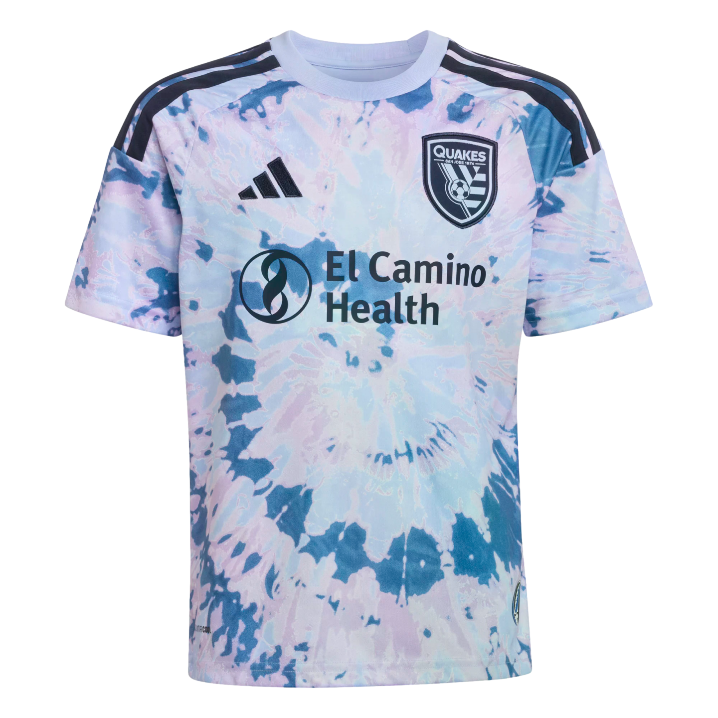 San Jose Earthquakes soccer jersey with a light blue and lavender tie-dye pattern, featuring the team crest and El Camino Health sponsor logo.