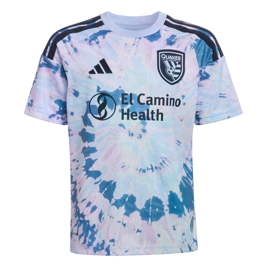 San Jose Earthquakes soccer jersey with a light blue and lavender tie-dye pattern, featuring the team crest and El Camino Health sponsor logo.