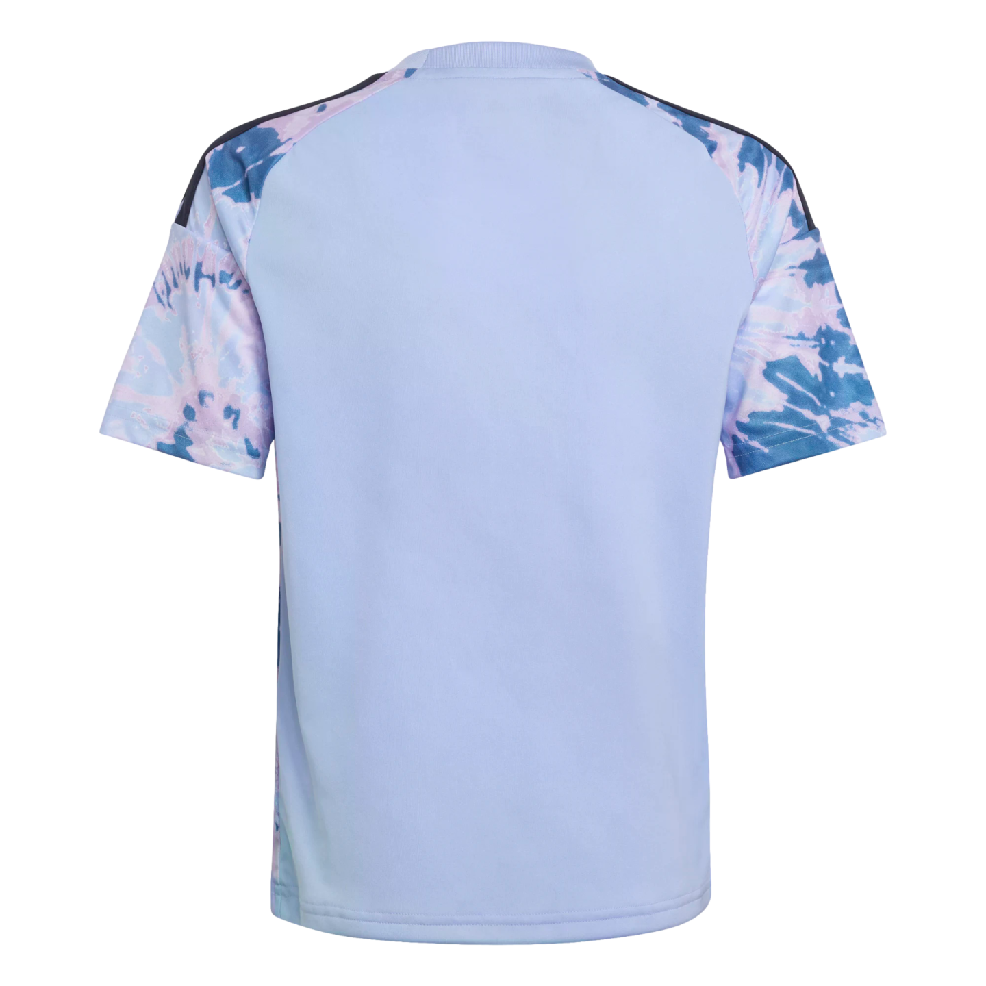 Back view of a light blue athletic shirt with blue and pink tie-dye patterned sleeves and dark stripes along the shoulders.