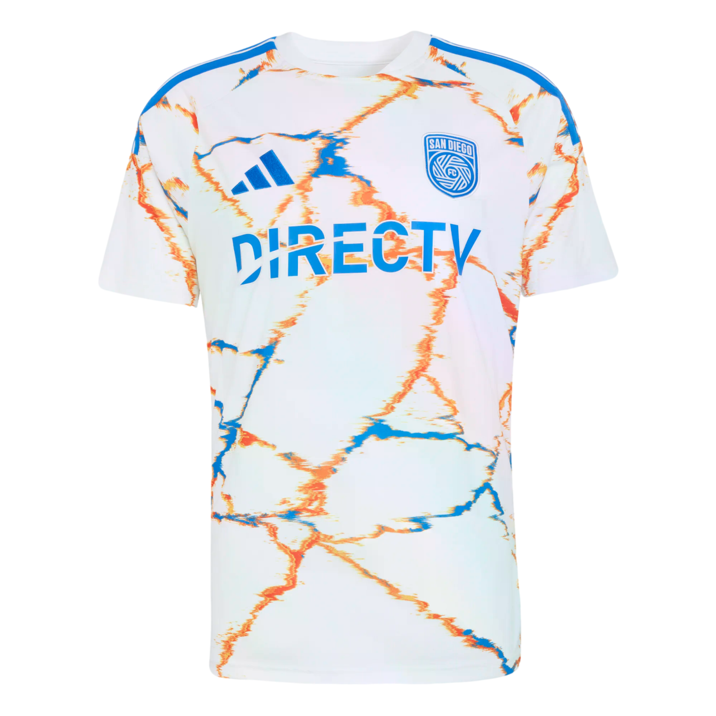 White San Diego FC soccer jersey with an orange and blue marbled pattern, featuring the blue Adidas logo, team crest, and "DIRECTV" sponsor logo.