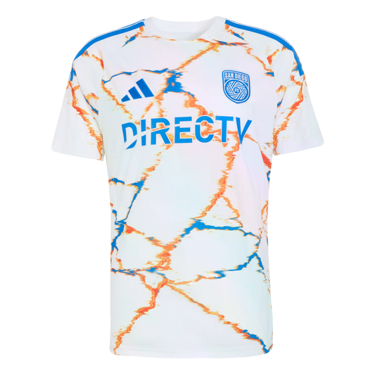 White San Diego FC soccer jersey with an orange and blue marbled pattern, featuring the blue Adidas logo, team crest, and "DIRECTV" sponsor logo.