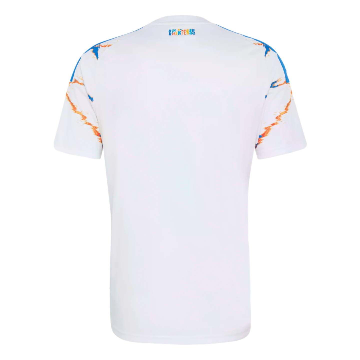 Back view of a white short-sleeved jersey with blue and orange graphic patterns on the shoulders and a small, colorful "SIN FRONTERAS" logo near the neckline.
