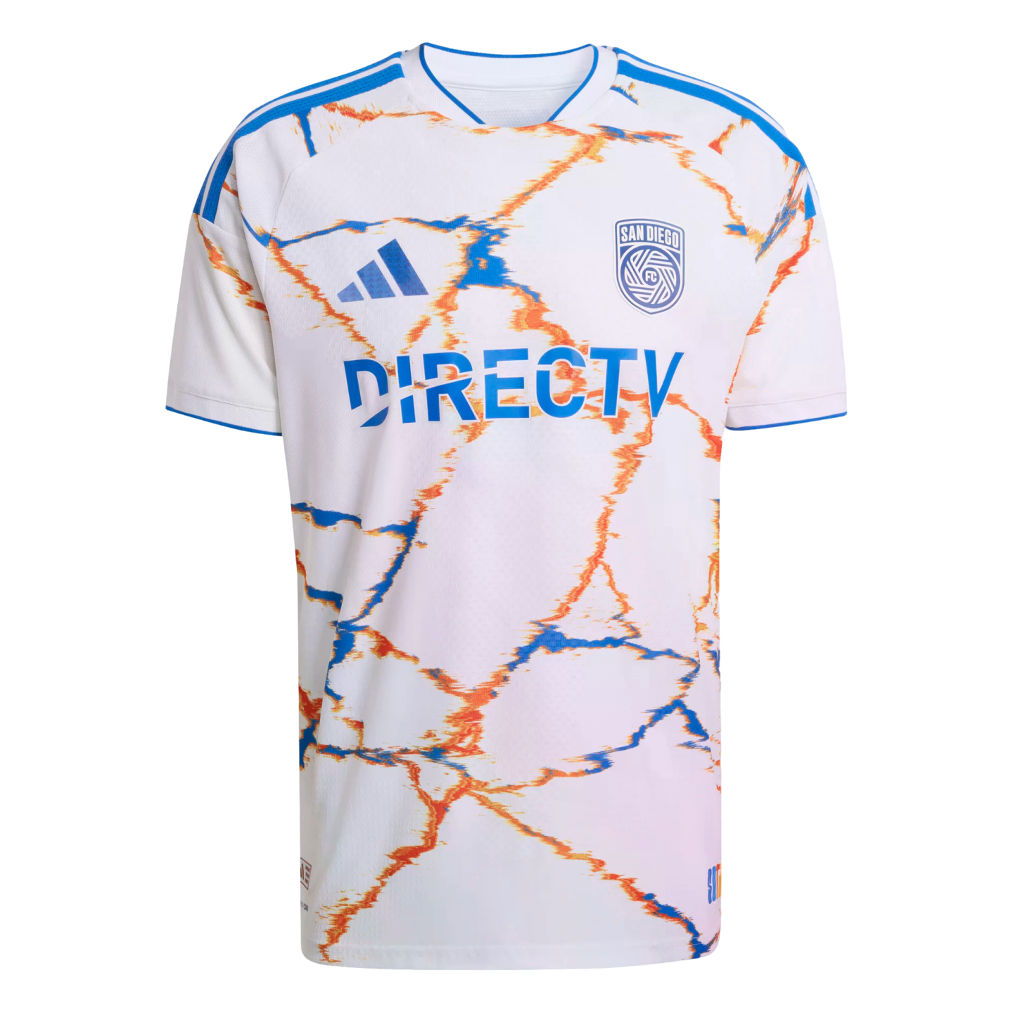 White San Diego FC soccer jersey with blue Adidas stripes and a 'DIRECTV' logo. Features a vibrant orange and blue crackled marble-like graphic pattern.