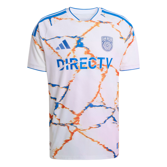 White San Diego FC soccer jersey with blue Adidas stripes and a 'DIRECTV' logo. Features a vibrant orange and blue crackled marble-like graphic pattern.