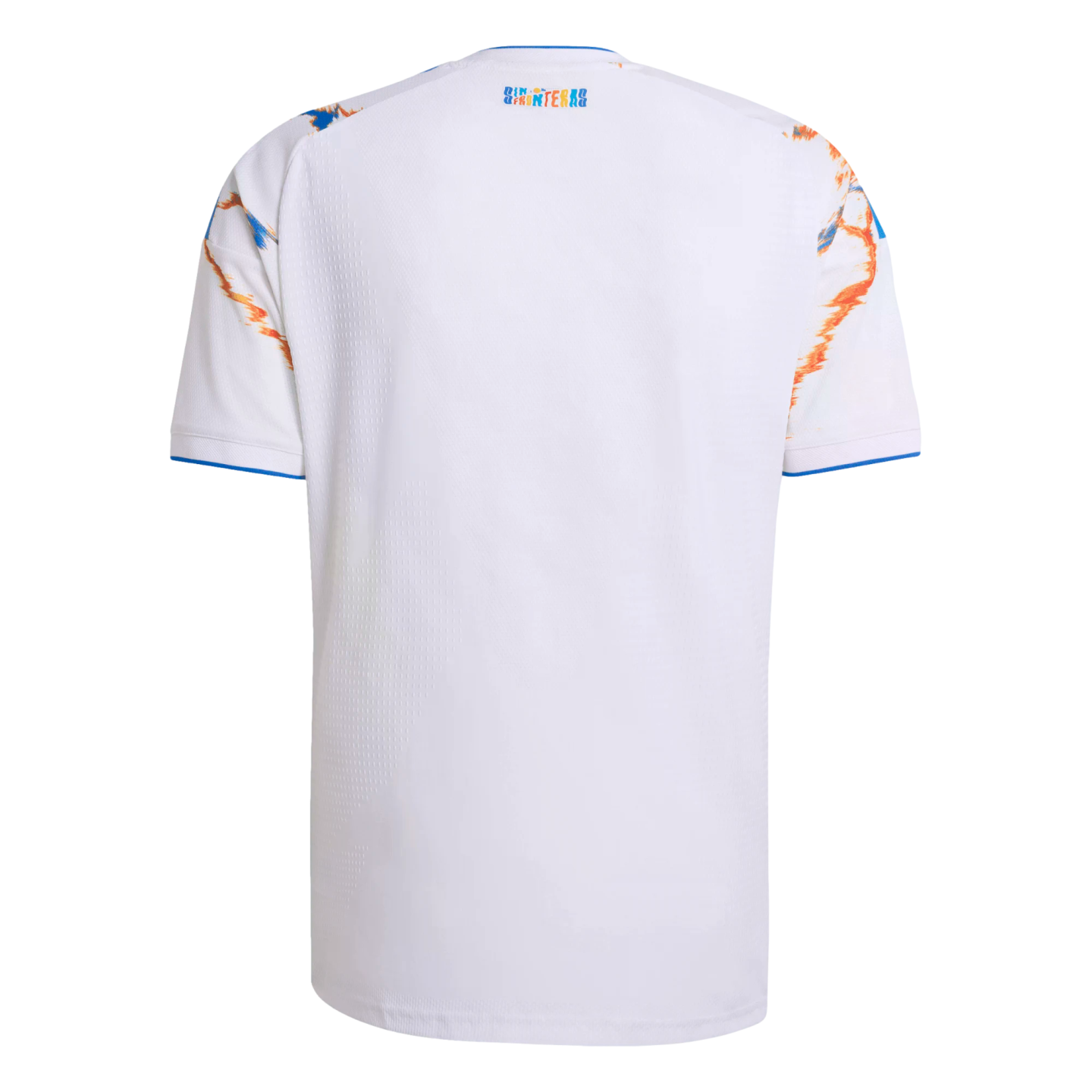 Back view of a white soccer jersey featuring blue and orange graphic shoulders, blue trim, and a small colorful logo below the collar.