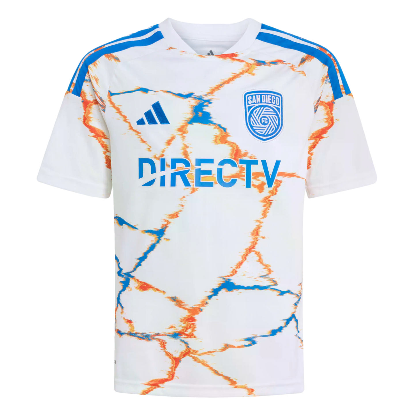 A white Adidas San Diego FC soccer jersey with blue and orange marble patterns, featuring the DIRECTV sponsor logo and blue shoulder stripes.