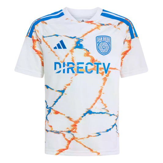 A white Adidas San Diego FC soccer jersey with blue and orange marble patterns, featuring the DIRECTV sponsor logo and blue shoulder stripes.