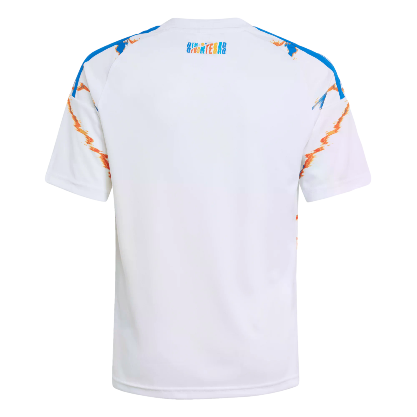 Back view of a white t-shirt with blue shoulder stripes, orange and blue graphic sleeve accents, and a small colorful "SIN FRONTERAS" logo on the upper back.