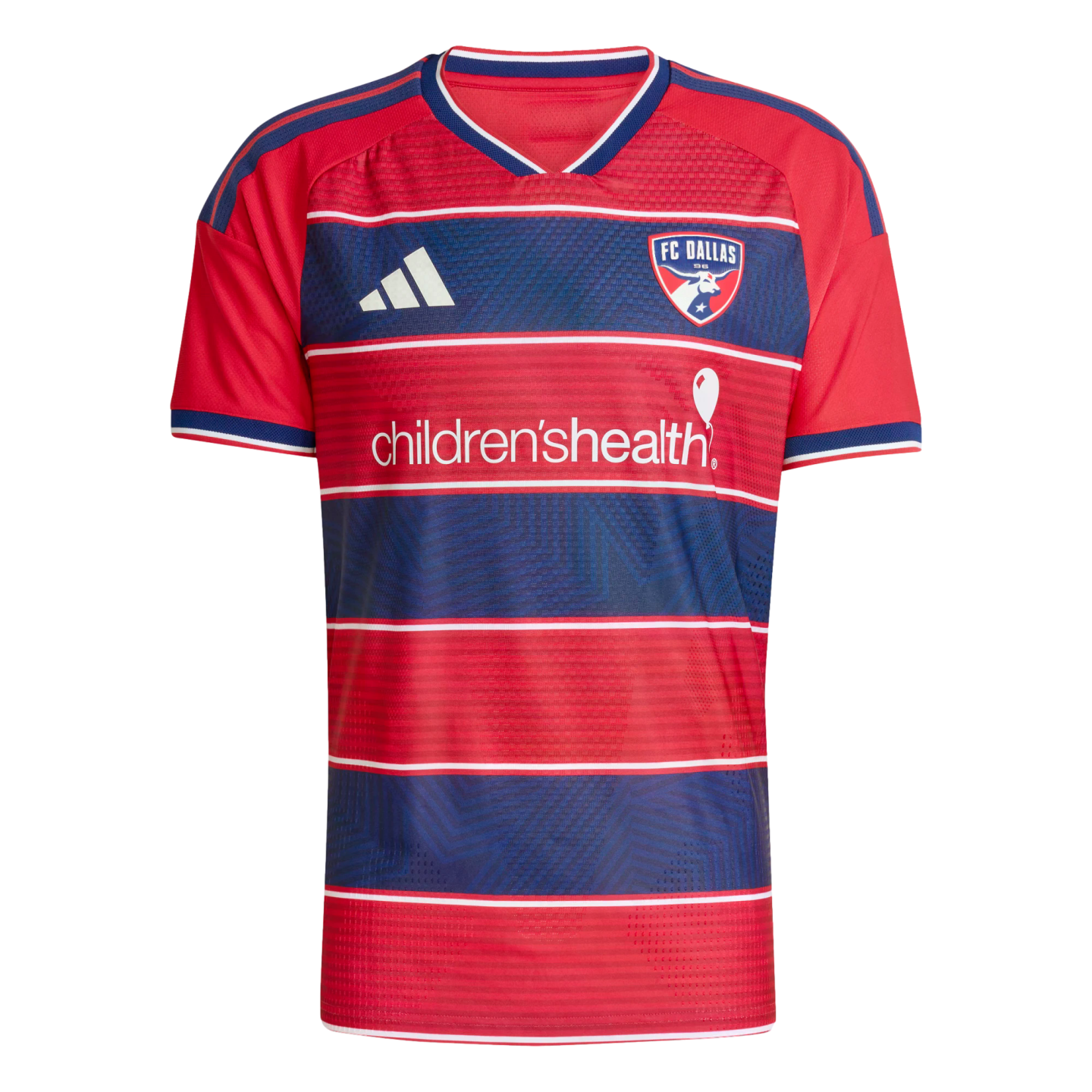 FC Dallas soccer jersey featuring red and blue horizontal stripes, team crest, Adidas logo, and Children’s Health sponsor branding.