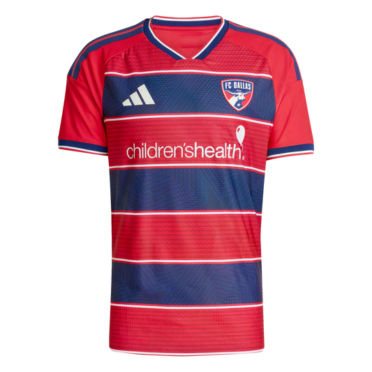 FC Dallas soccer jersey featuring red and blue horizontal stripes, team crest, Adidas logo, and Children’s Health sponsor branding.