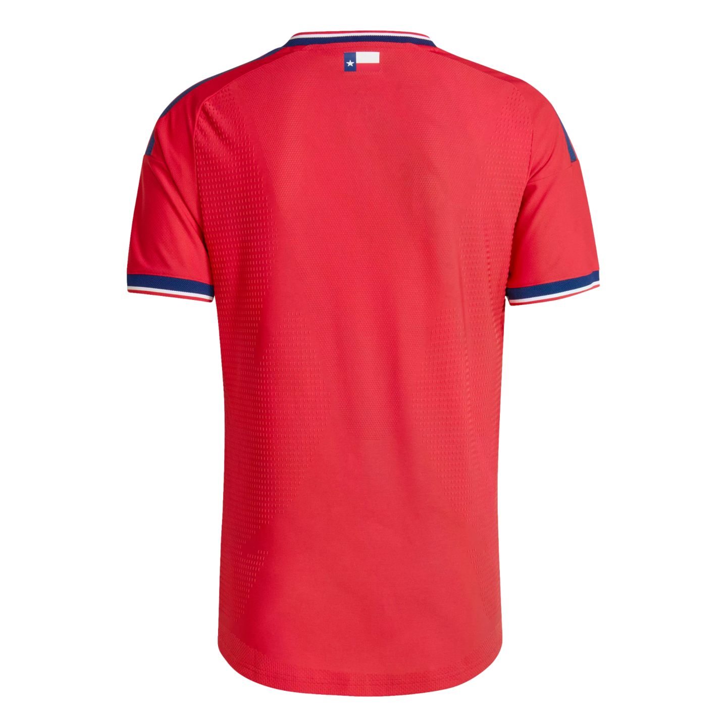 Back view of a red sports jersey with blue and white trim on the collar and sleeves. A small Texas state flag is centered below the collar. Solid black background.
