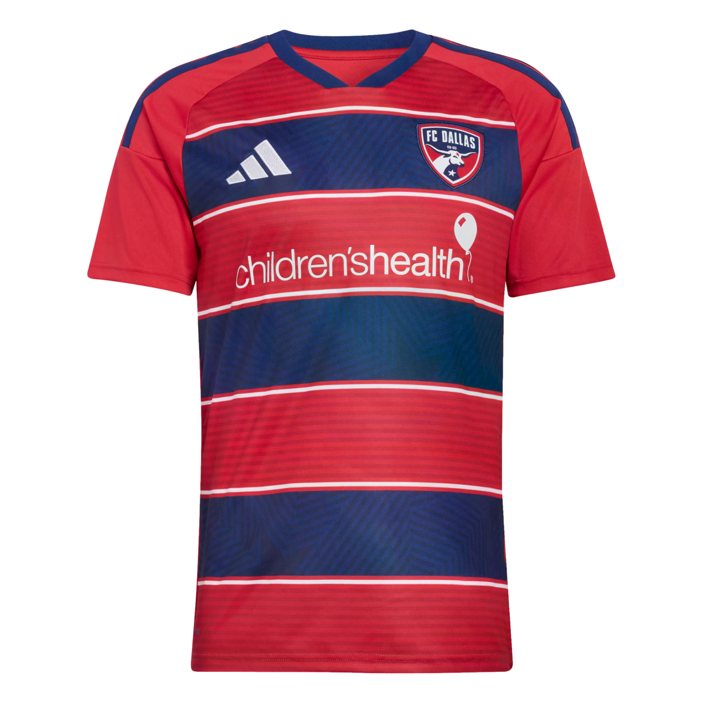 FC Dallas soccer jersey featuring red and navy blue horizontal stripes with thin white borders, the team crest, and the children’shealth sponsor logo.