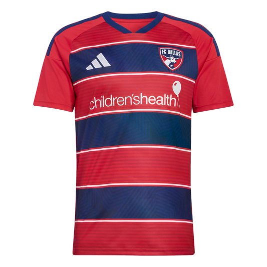 FC Dallas soccer jersey featuring red and navy blue horizontal stripes with thin white borders, the team crest, and the children’shealth sponsor logo.