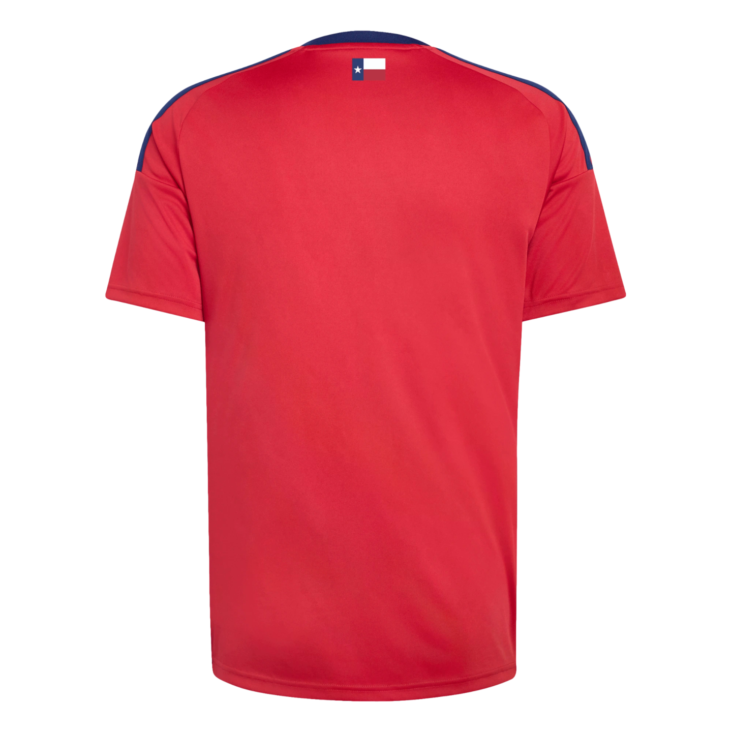 Back view of a red short-sleeved athletic jersey with navy shoulder trim and a small Texas flag below the collar.