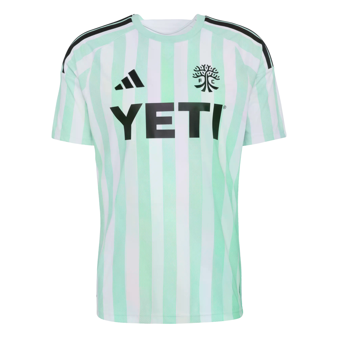 Austin FC soccer jersey featuring mint green and white vertical stripes, a black Adidas logo, the team's tree crest, and "YETI" sponsor logo across the chest.