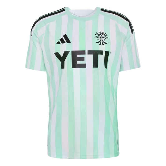 Austin FC soccer jersey featuring mint green and white vertical stripes, a black Adidas logo, the team's tree crest, and "YETI" sponsor logo across the chest.