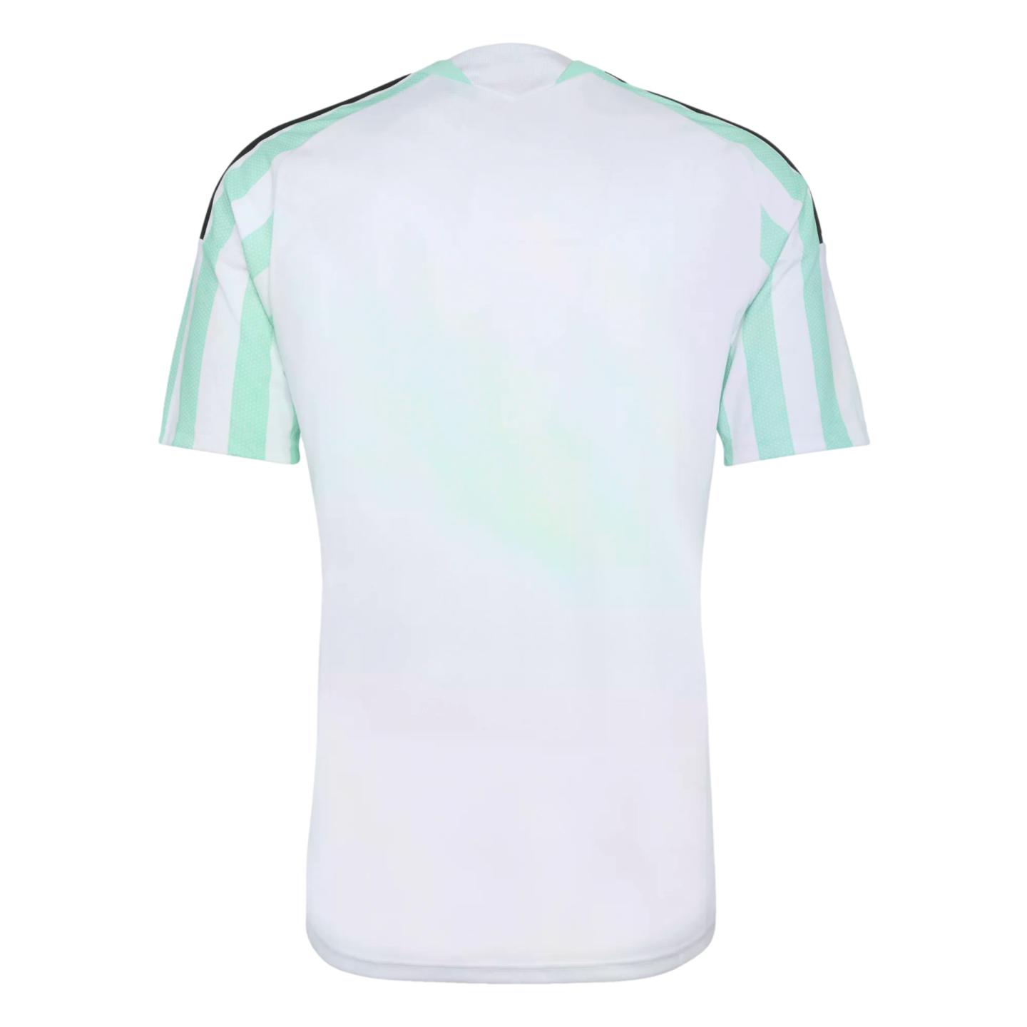Back view of a short-sleeved white jersey with light green and white vertical stripes on the sleeves and light green shoulder panels.