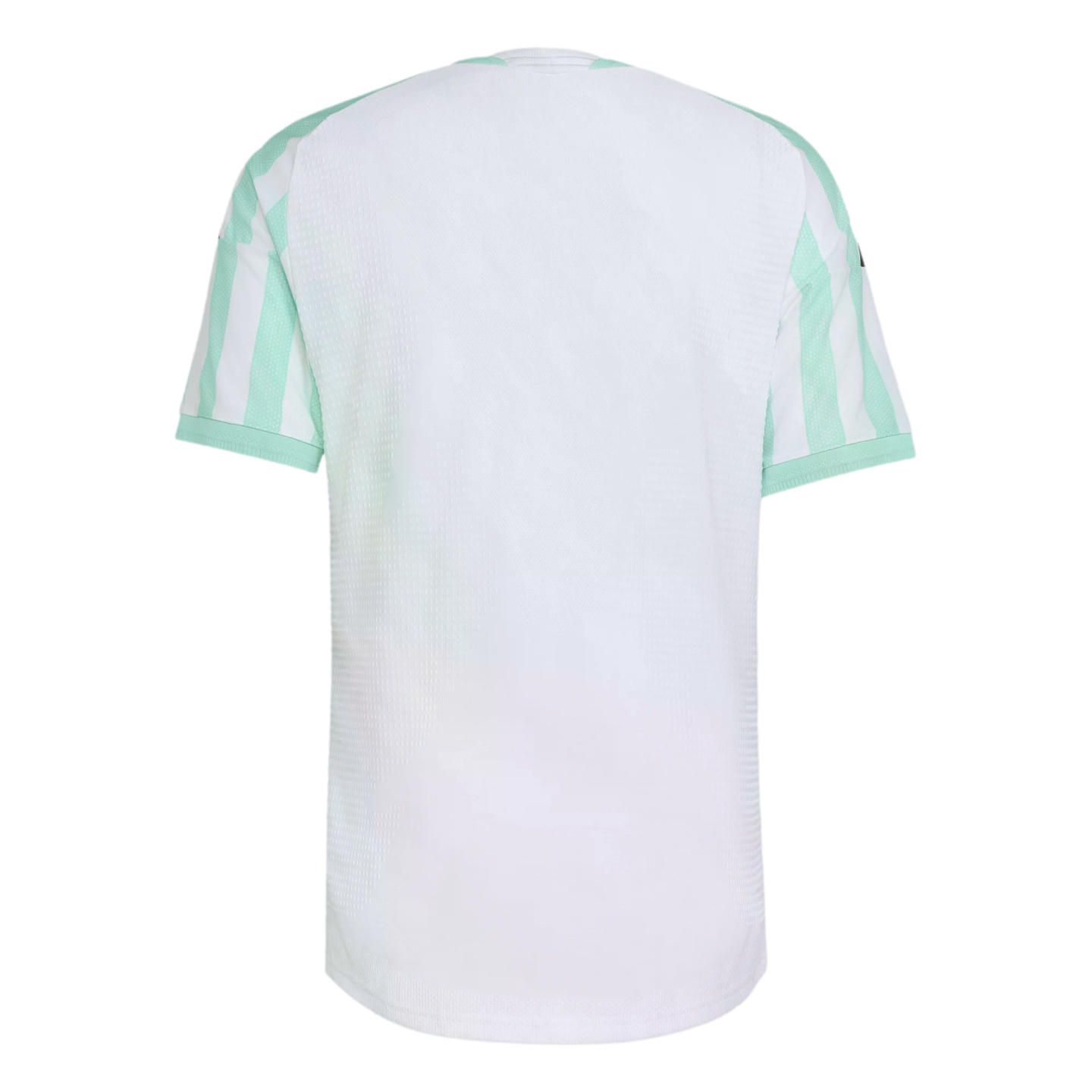 Back view of a white sports jersey featuring light green and white vertical striped sleeves and a subtle textured pattern on the body.