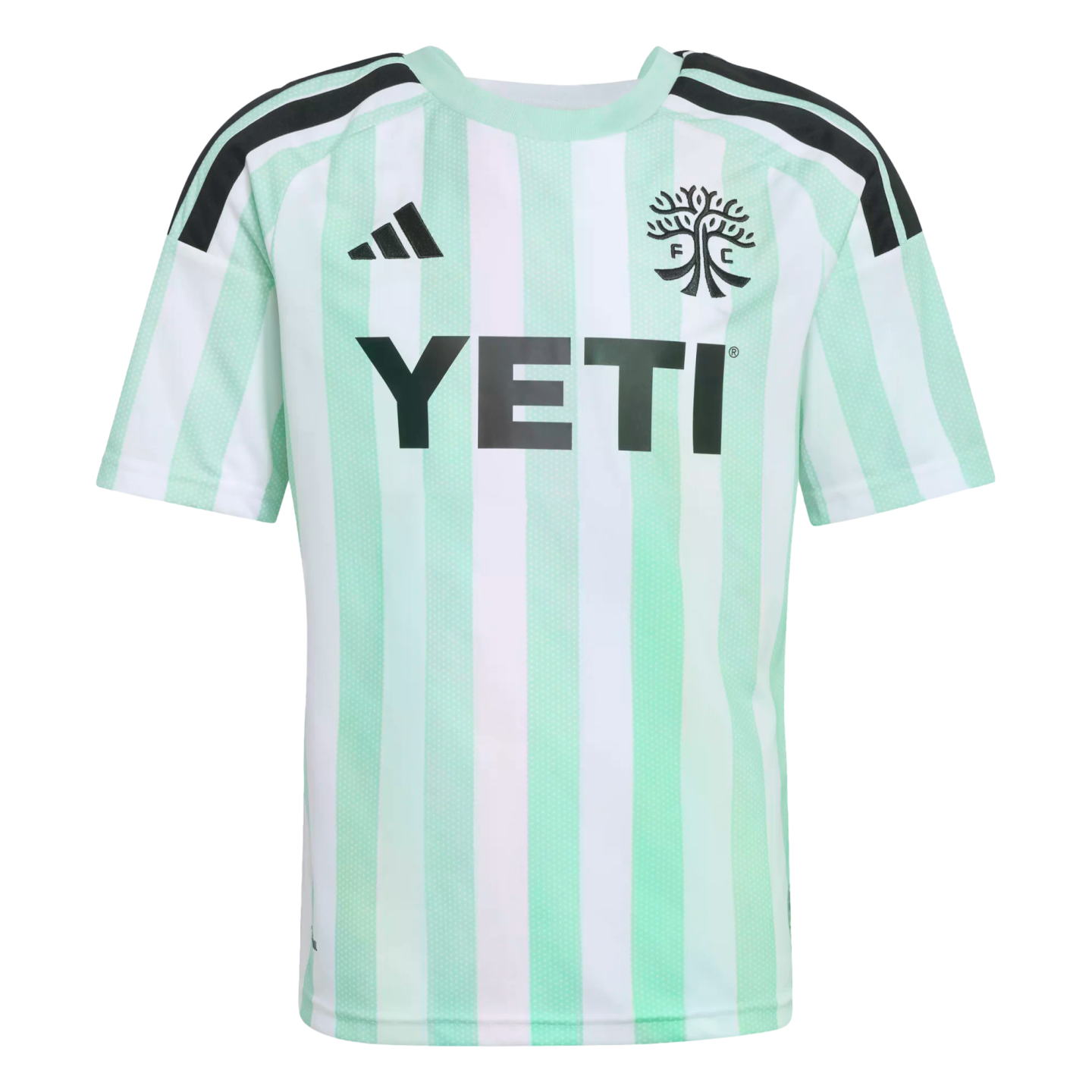Austin FC soccer jersey with mint green and white vertical stripes, black shoulder stripes, and black Adidas, team crest, and YETI logos.