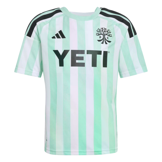 Austin FC soccer jersey with mint green and white vertical stripes, black shoulder stripes, and black Adidas, team crest, and YETI logos.