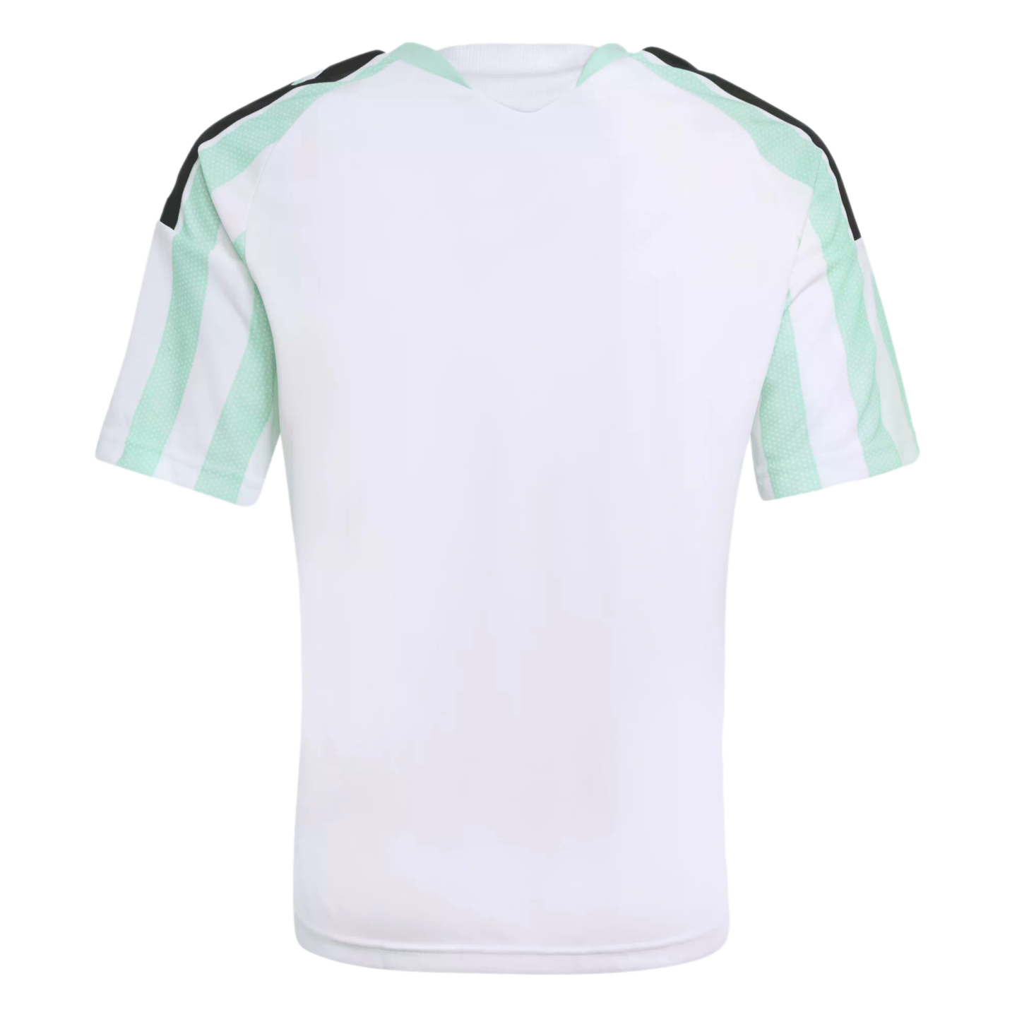 Back of a white short-sleeved jersey featuring mint green and white striped sleeves and black shoulder accents.