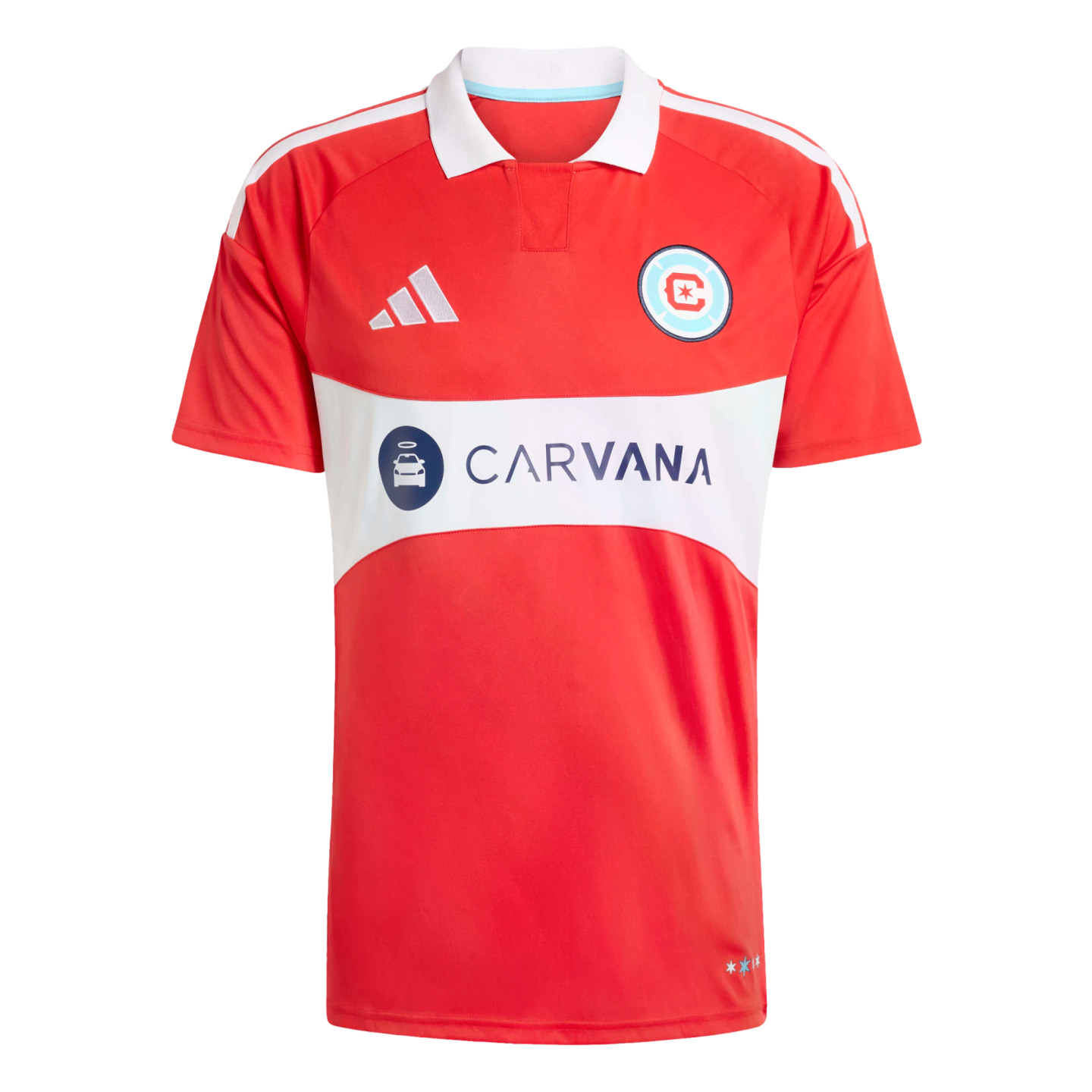 Red Adidas Chicago Fire FC soccer jersey with a white polo collar and a central white band displaying the Carvana sponsor logo.