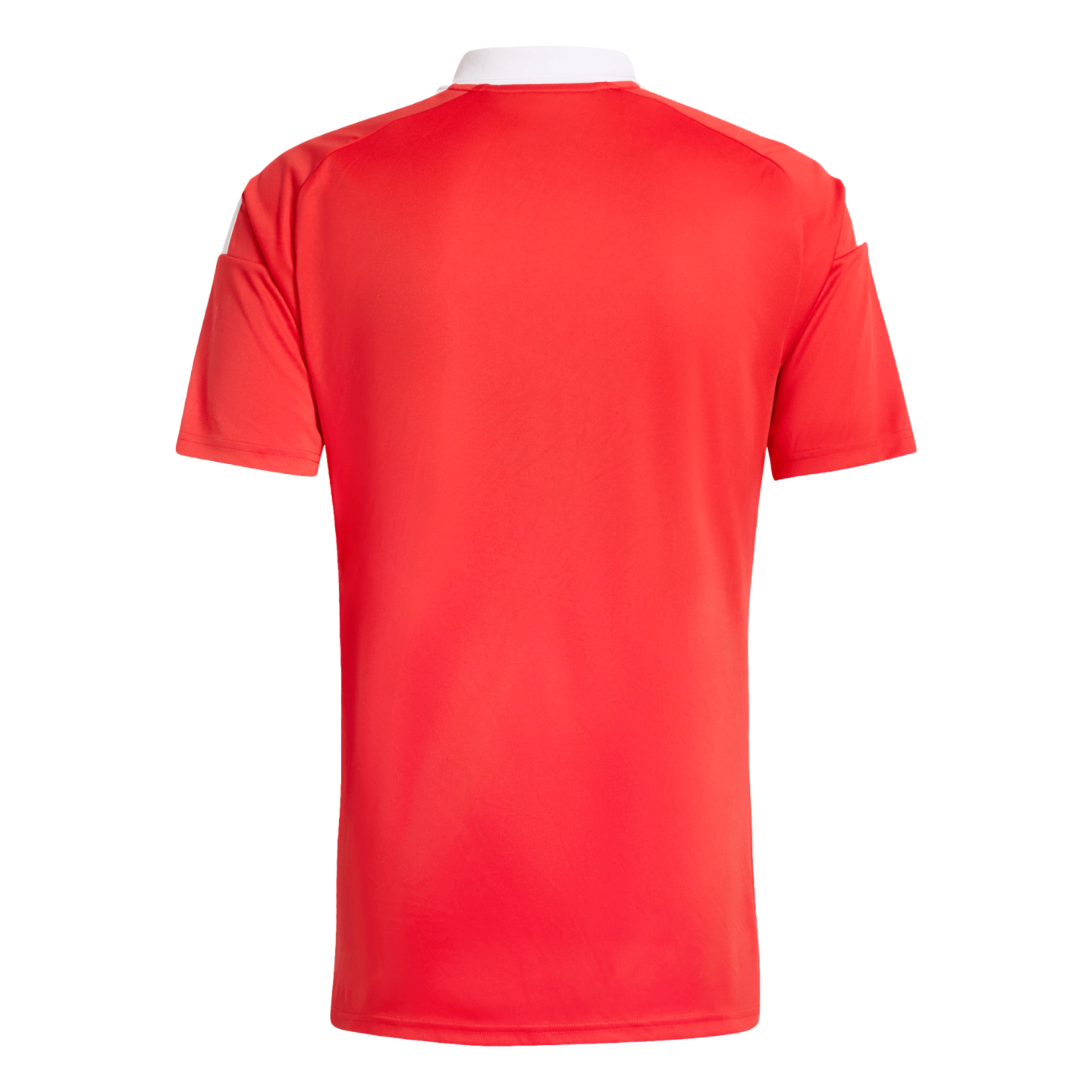 Back view of a red short-sleeved jersey with a white collar, shown against a solid black background.