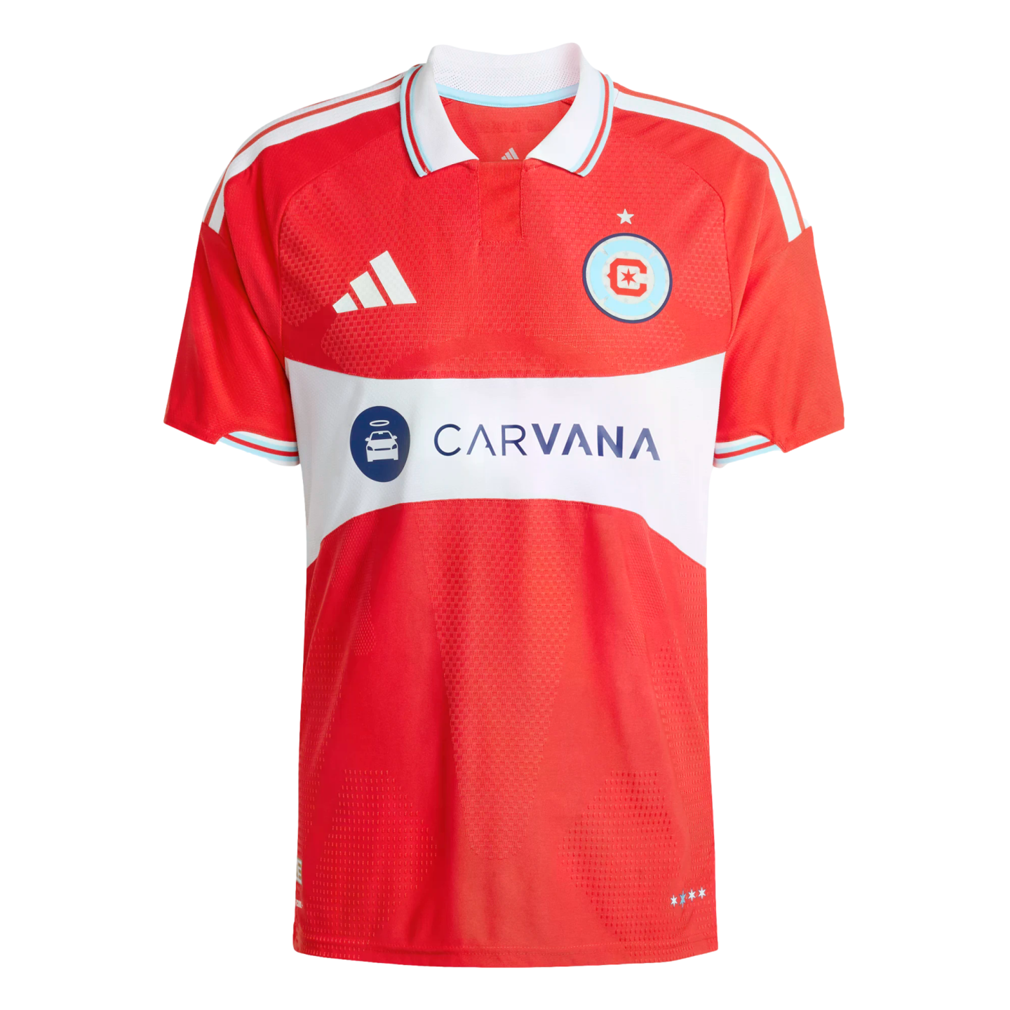 Red Chicago Fire FC home jersey featuring a white polo collar, a central white Carvana sponsor band, the team crest, and white Adidas logo.