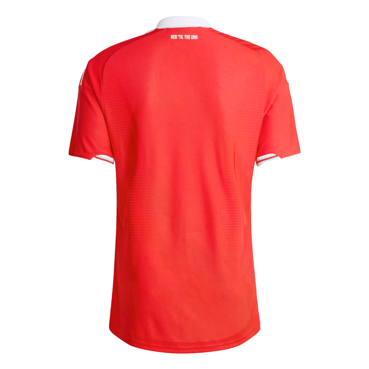 Back view of a red short-sleeve jersey with white collar and sleeve trim. Small white text near the neck reads "RED 'TIL THE END." Black background.