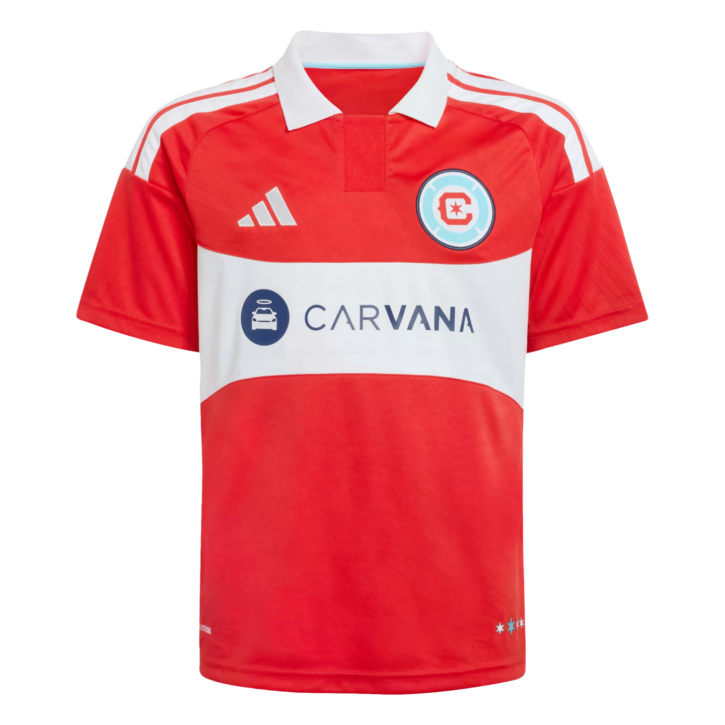 Red Chicago Fire soccer jersey with a white horizontal band across the chest. Features a white polo collar, Adidas logo, team crest, and the Carvana sponsor logo.